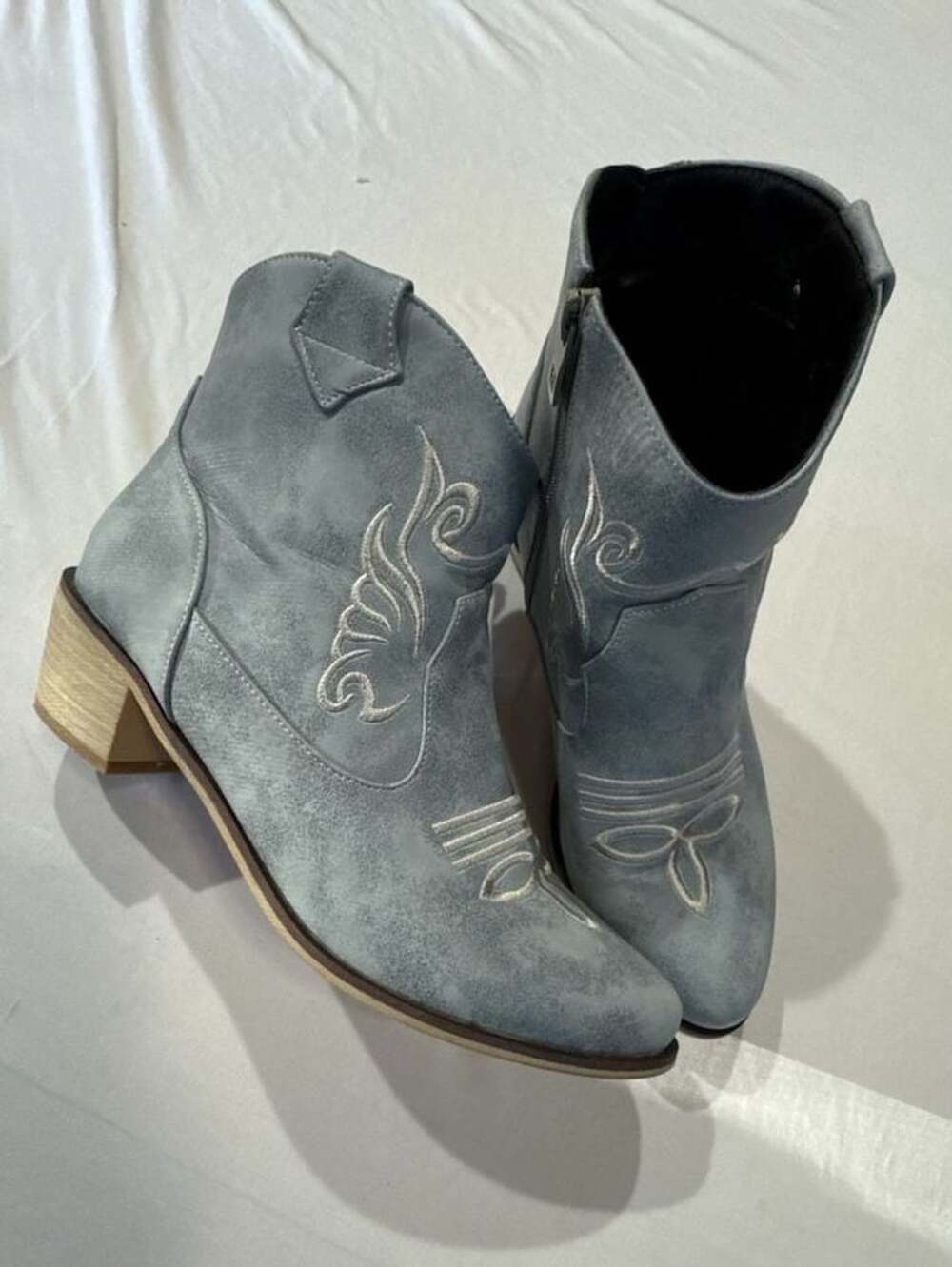 Womens Light Blue Suede Western Ankle Boots Embroidered Pointed Cowboy Booties